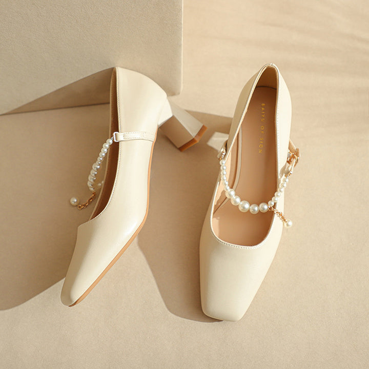 Femme Elegante Chunky-hæls-Mary-Jane-sko med perle-detalje Stilla