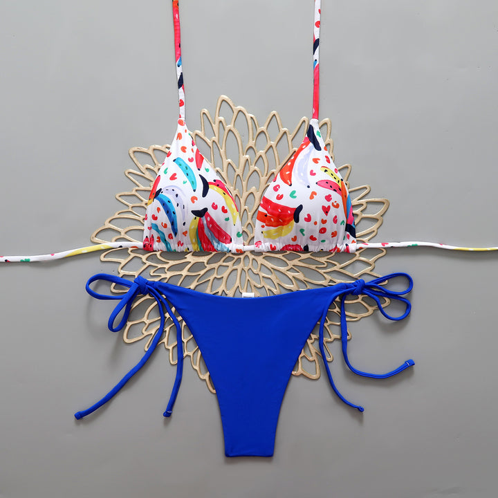 Dame triangel-bikini med farverigt frugtprint og feminine sløjfer Skovae