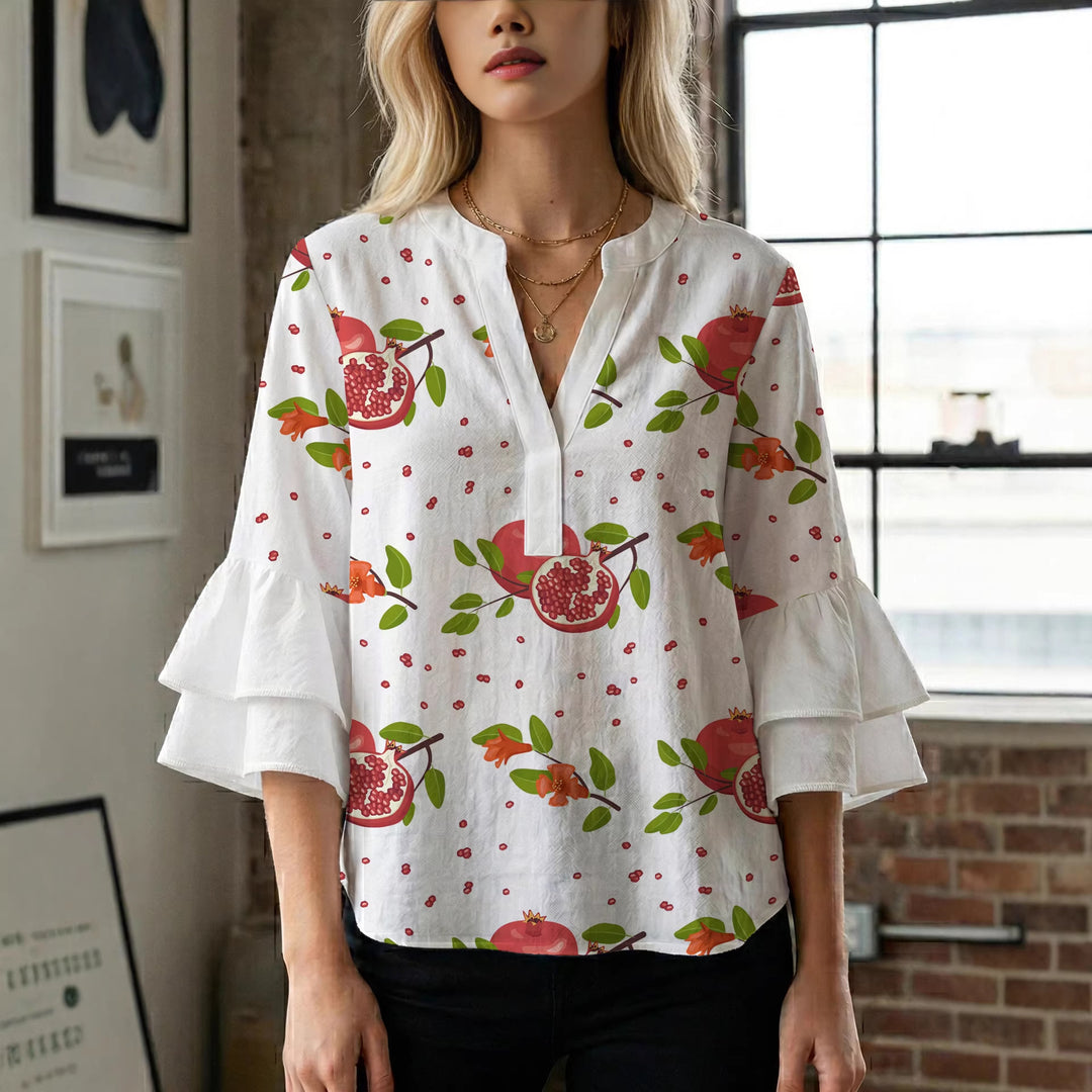 Damebluse med voluminøse rynkede ærmer og moderne motiv Skovae