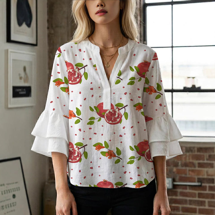 Damebluse med voluminøse rynkede ærmer og moderne motiv Skovae