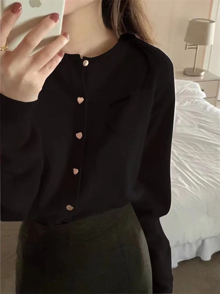 Kvinder Elegant Cardigan med Hjerteknapper og Fin Rib Struktur Stilla