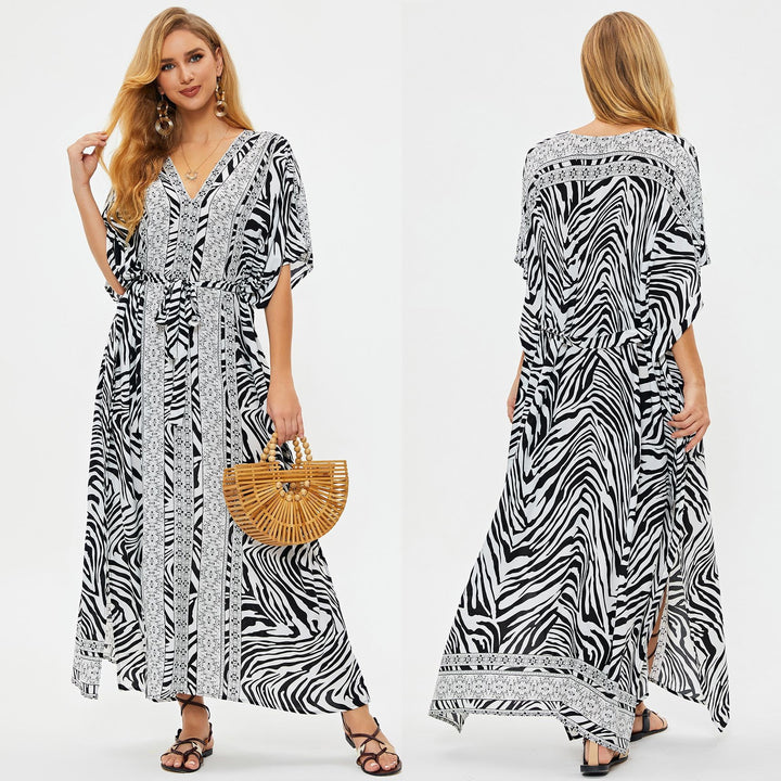 Dame maxikjole med detaljeret zebra-print og elegant snøring Stilla