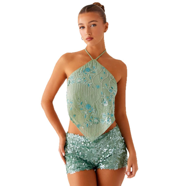 Dame elegant bluse med blomsterdesign og glitrende detaljer Skovae