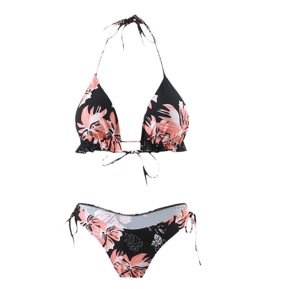 Damer triangel-bikini-sæt med legende flæse-detaljer og blomstret design Stilla