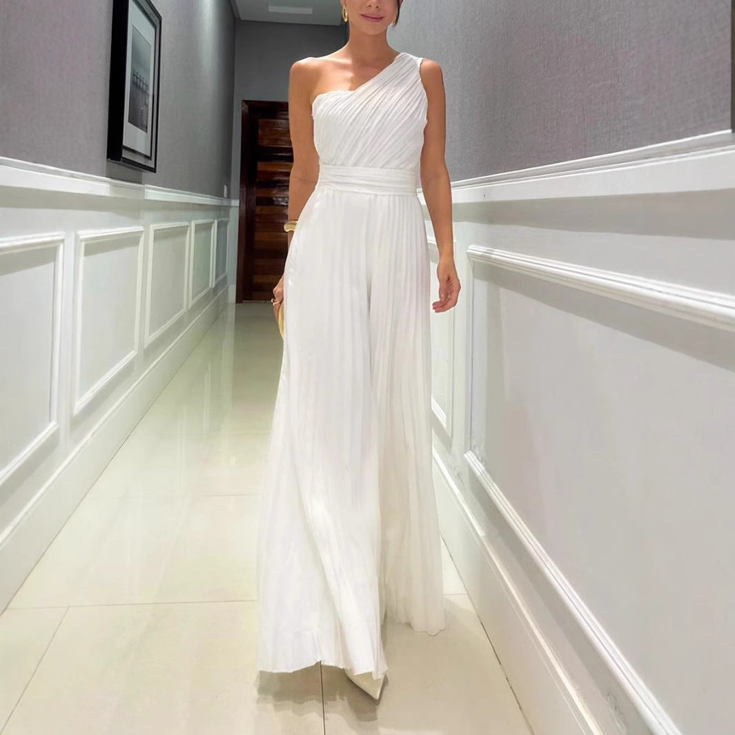 Dame Plisseret Aftenkjole med asymmetrisk stropdesign og elegant flow Stilla