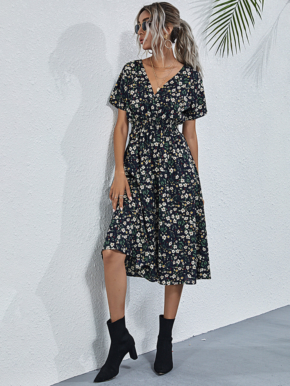 Dame Floral Print Smocked Waist Wickelkjole Stilla