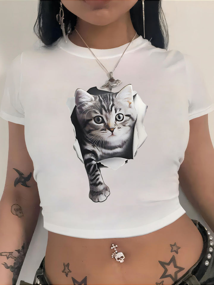 Dame Crop-T-shirt med iøjnefaldende grafisk design og frækt statementtryk Skovae
