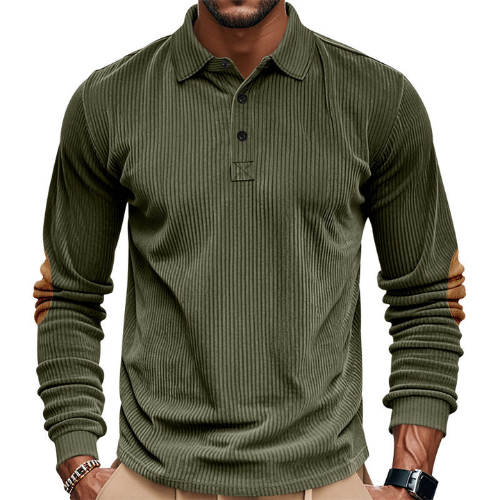Herrer nan tung ribbet bomulds-polo-pullover med Kent-krave, tre-knaps lukning og ruskinds albue-patches Skovae