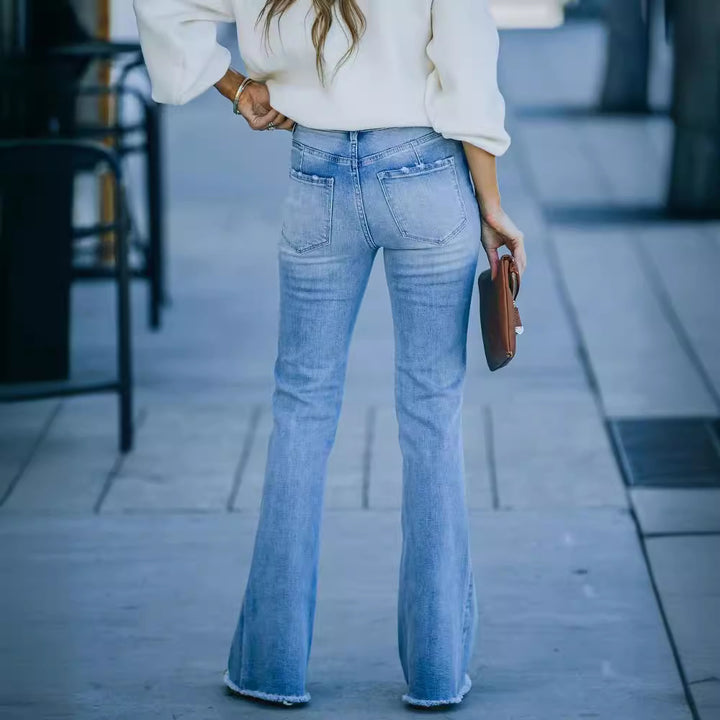 Dame Flared Jeans med høj talje og frynset kant Stilla