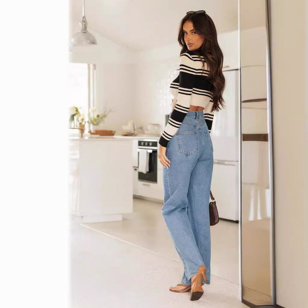 Dame Wide Cut Jeans med Høj Talje og Frynset Kant Stilla