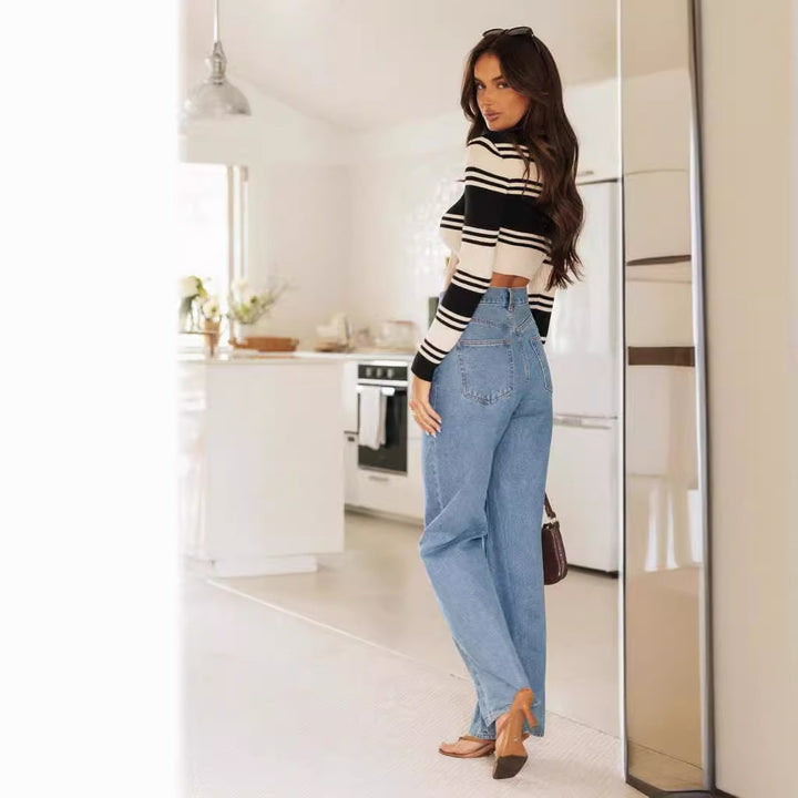Dame udvidede jeans med høj talje og brede ben til en afslappet stil Skovae