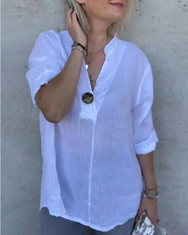Dame linnedbluse med knapdetalje Stilla