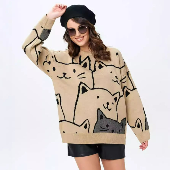 Dame afslappet striktrøje med moderne katte-design og oversized pasform Stilla