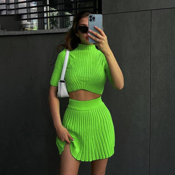 Dame ribbet strik-to-del crop top og nederdel sæt Stilla
