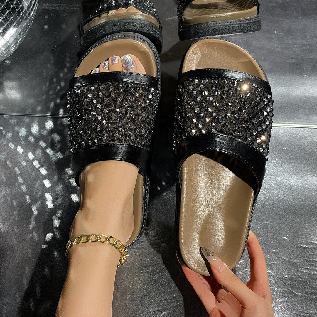 Dame Glamourøse Pantolette med funkende rhinestones og ergonomisk sål Stilla