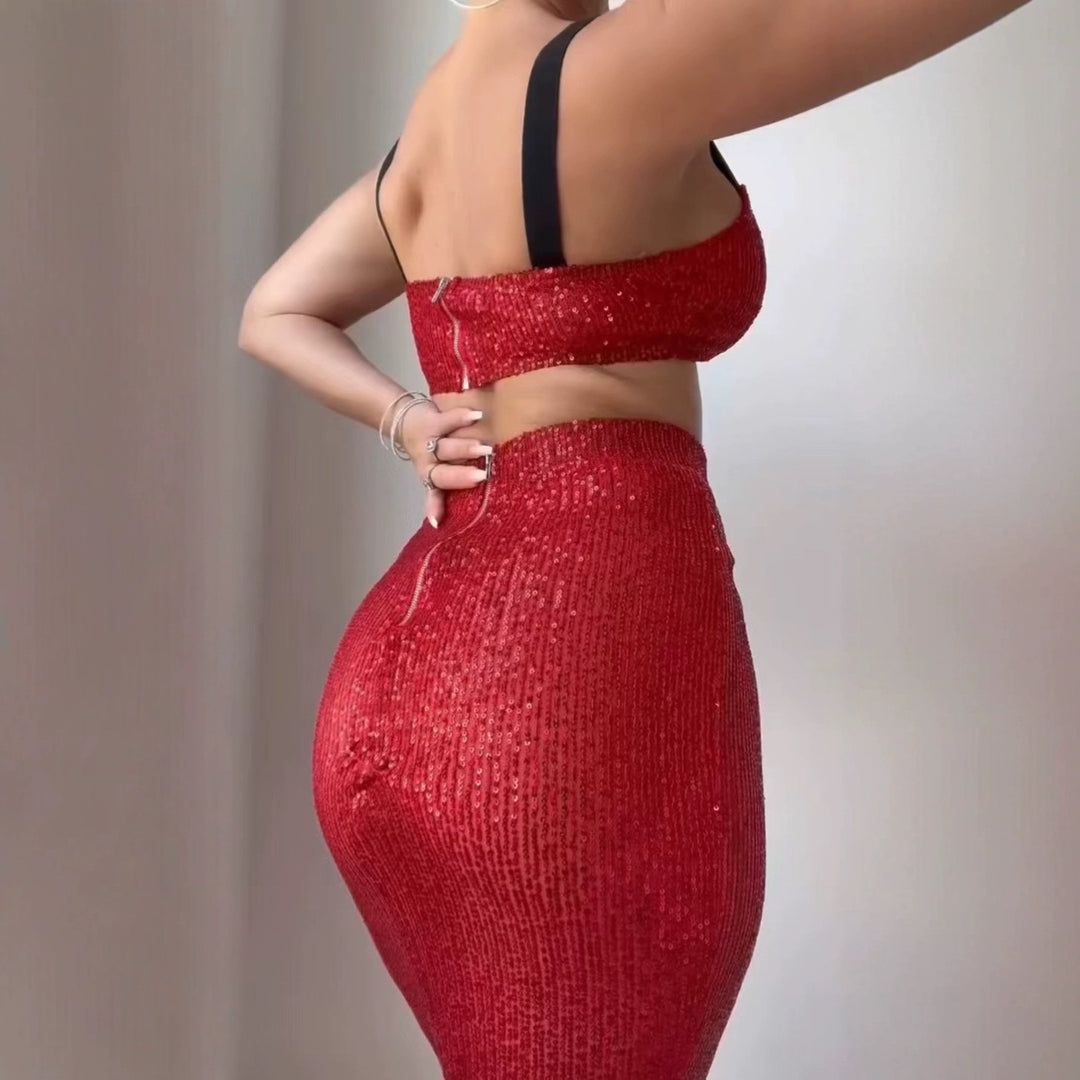 Damer Glitterende Crop Top og Lang Nederdel Sæt Skovae