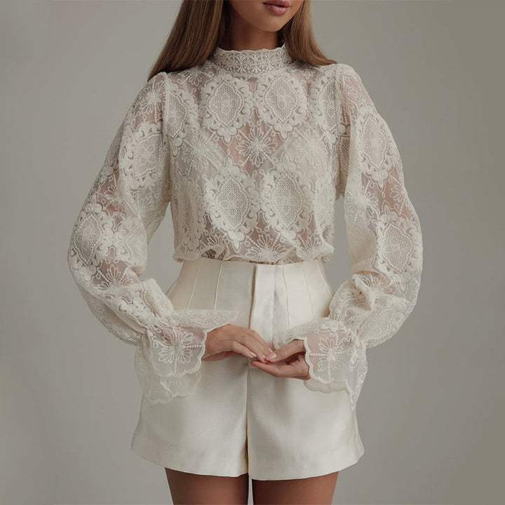 Dame blonde bluse med høje ærmer og fransk krave Stilla