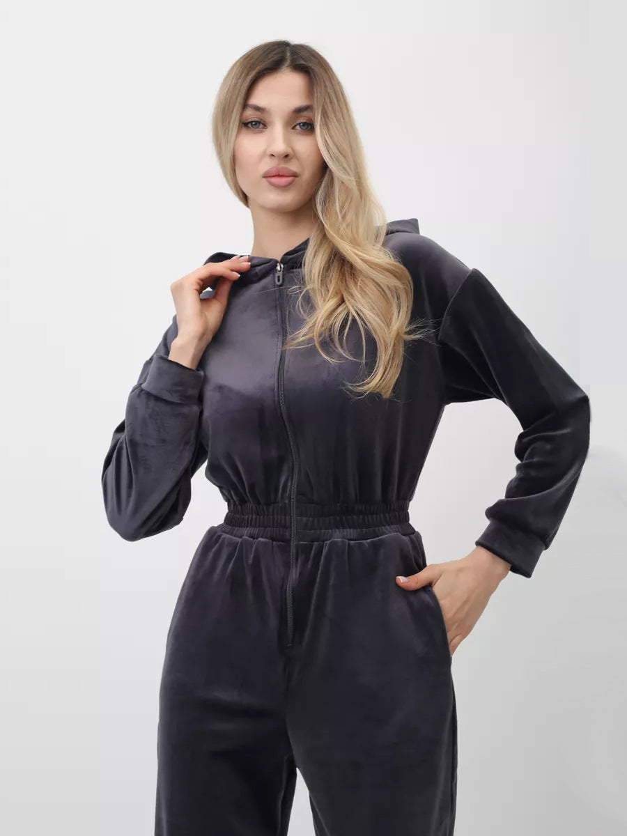 Kvinders sporty fleece jumpsuit med hætte og elastisk talje Skovae