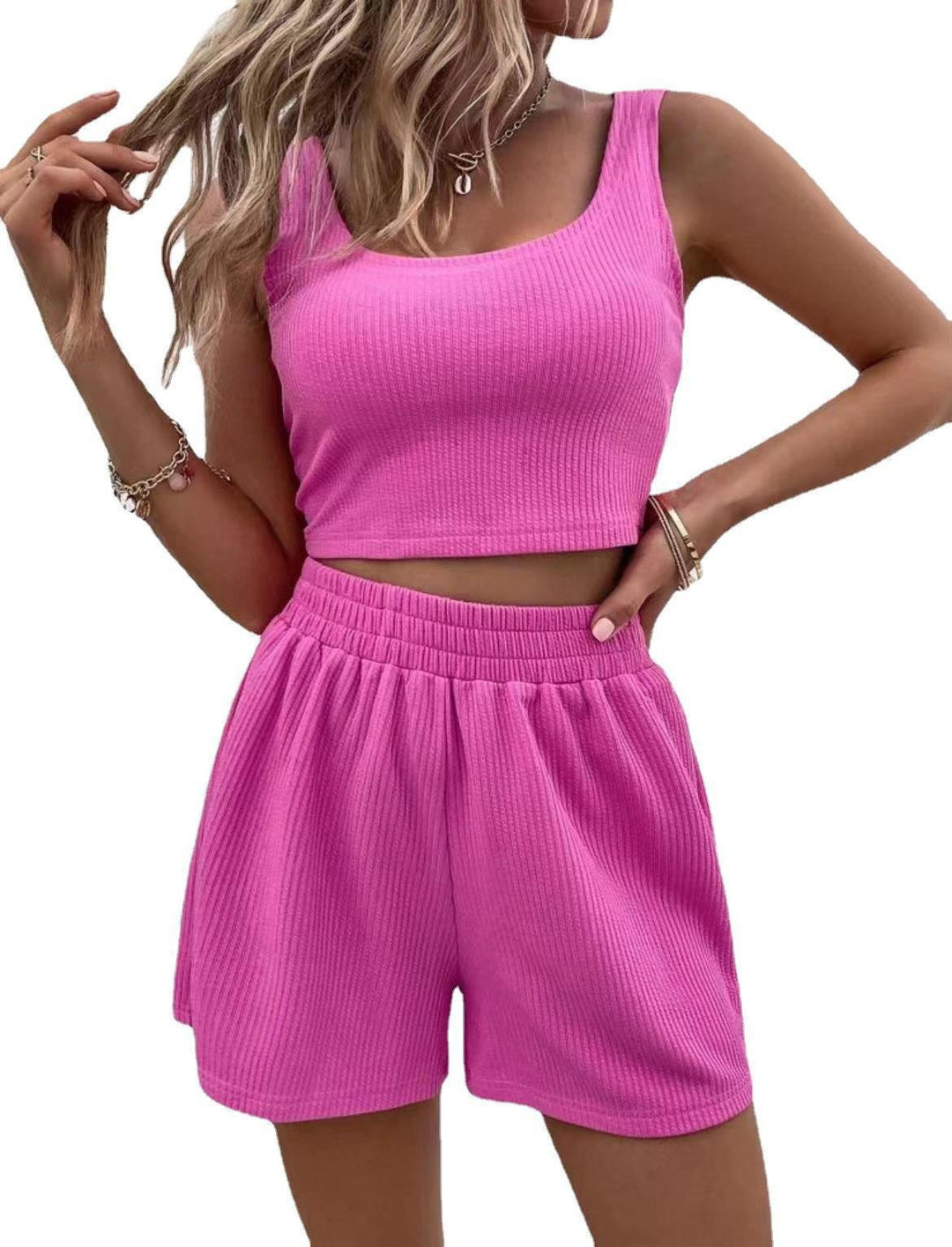 Damer Crop-Top og Shorts Sæt i Rib Design Stilla