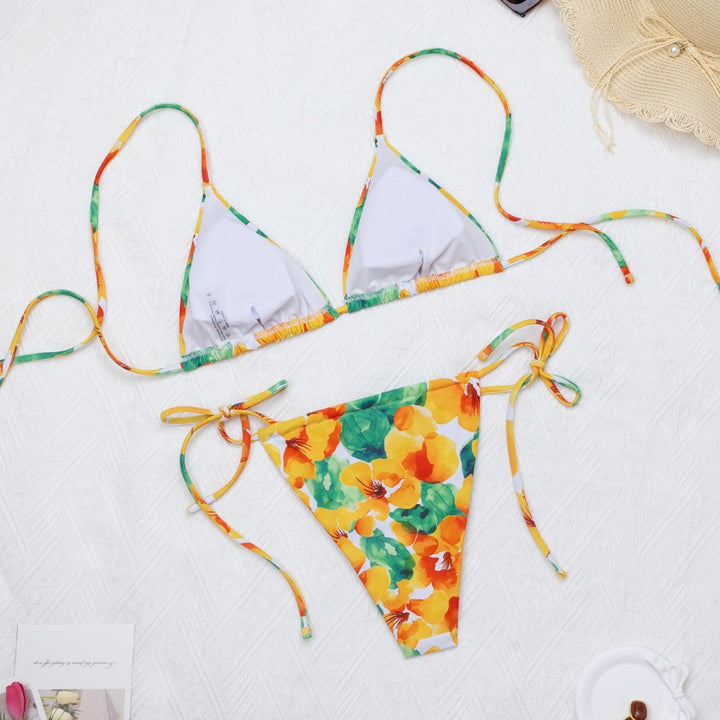 Dame Triangel-Bikini-Sæt med justerbare bånd og levende blomstertryk Stilla