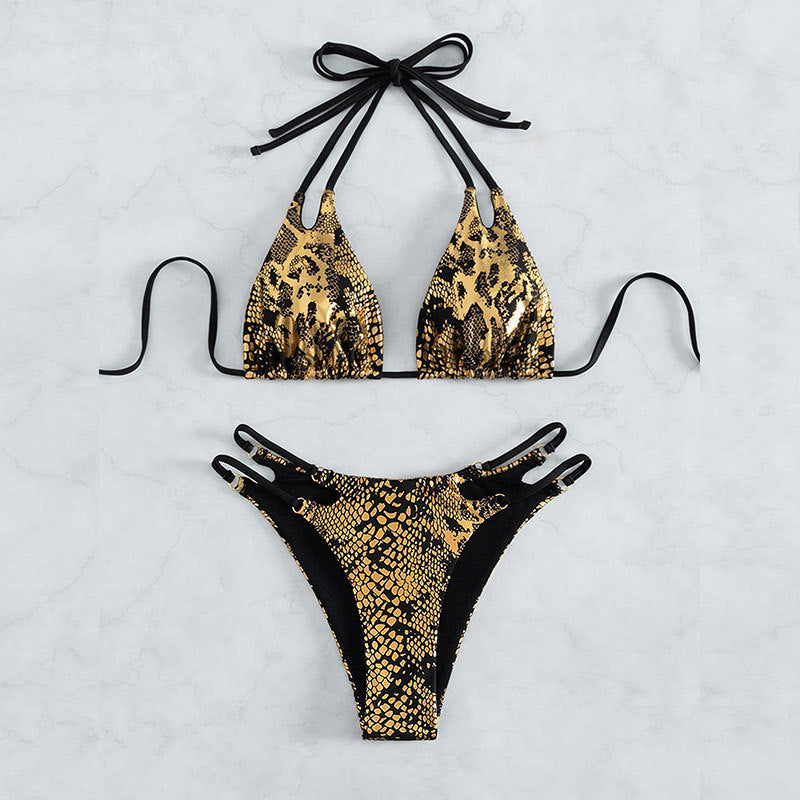 Dame triangel-bikini med usædvanligt slangeskindsdesign og elegante remme Skovae