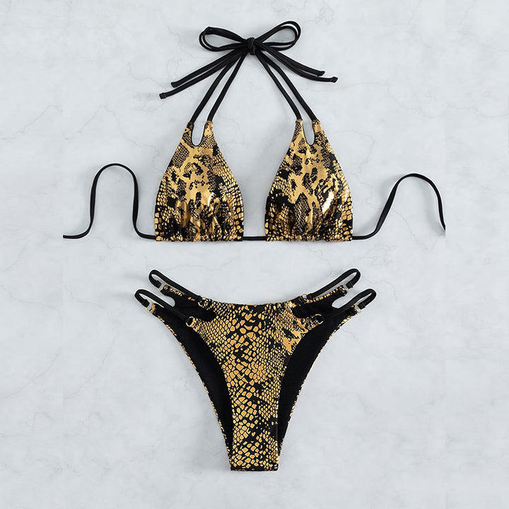 Dame triangel-bikini med usædvanligt slangeskindsdesign og elegante remme Skovae