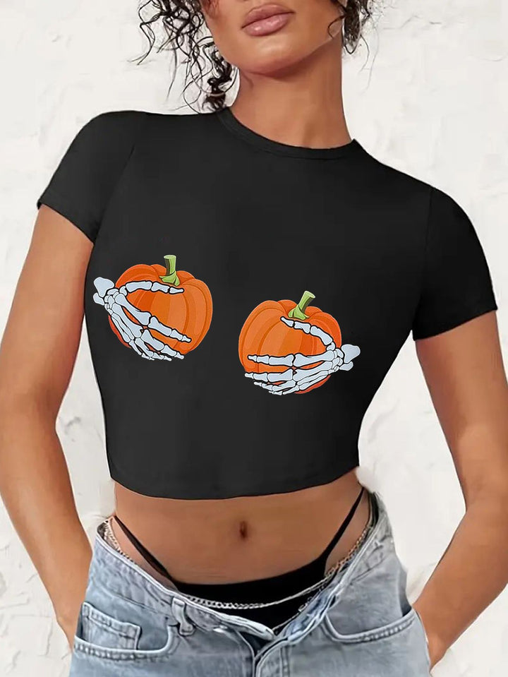 Dame Crop-T-Shirt med kreativt comic-motiv Skovae
