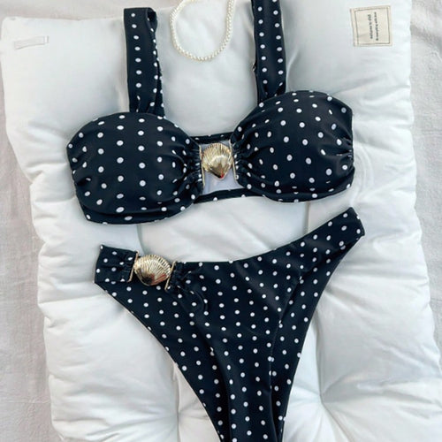 Dame Polka Dot Bikini med dekorative skaldetaljer Skovae