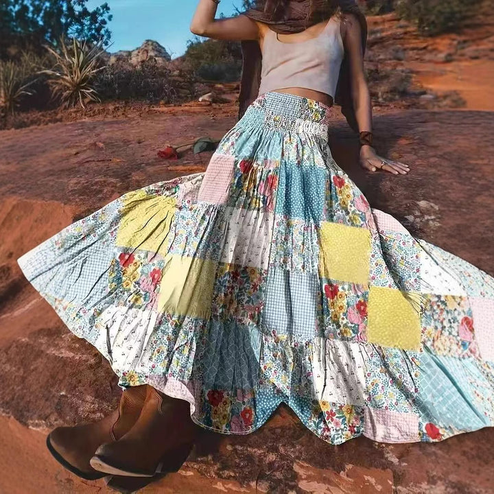 Dame Patchwork Maxiskørt med elastisk linning og flerfarvet design Stilla