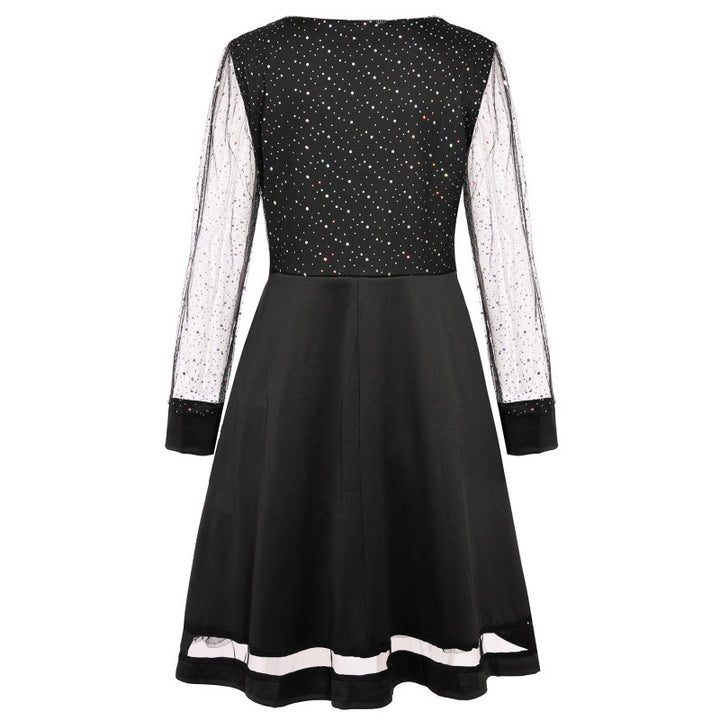 Dame elegant glitrende mini-kjole med gennemsigtige lange ærmer Stilla