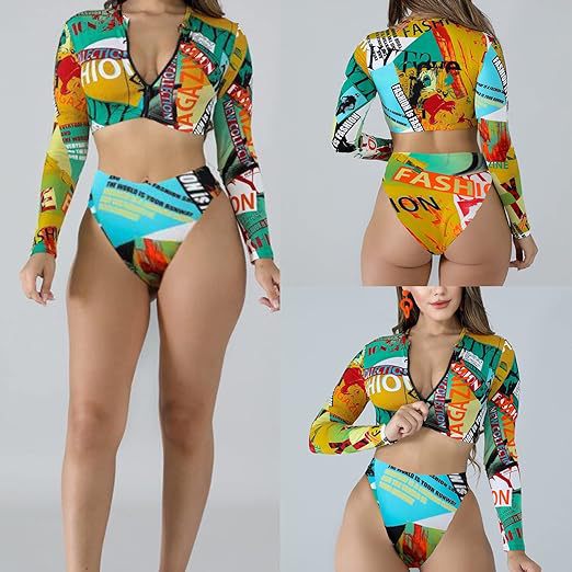 Dame Surf-Bikini-Sæt med langærmet top og moderigtig lynlås Skovae