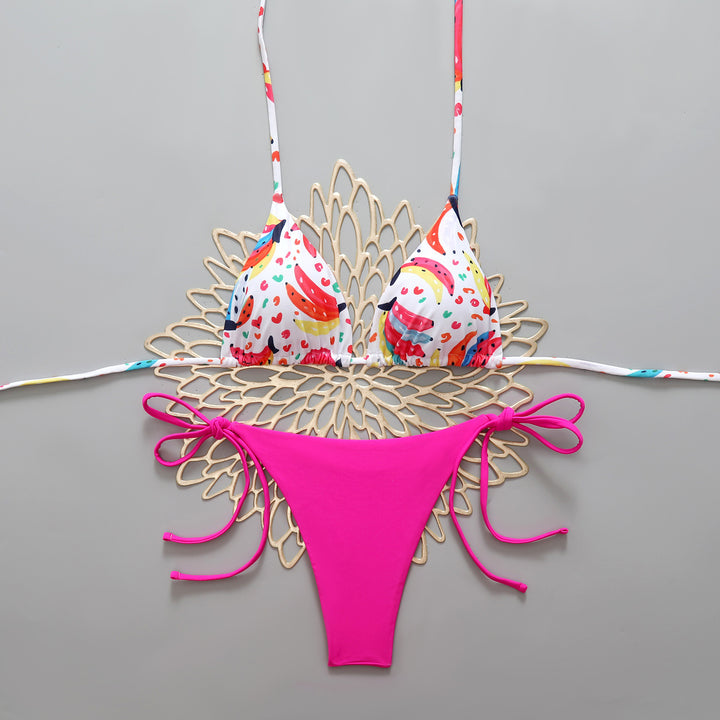 Dame triangel-bikini med farverigt frugtprint og feminine sløjfer Skovae