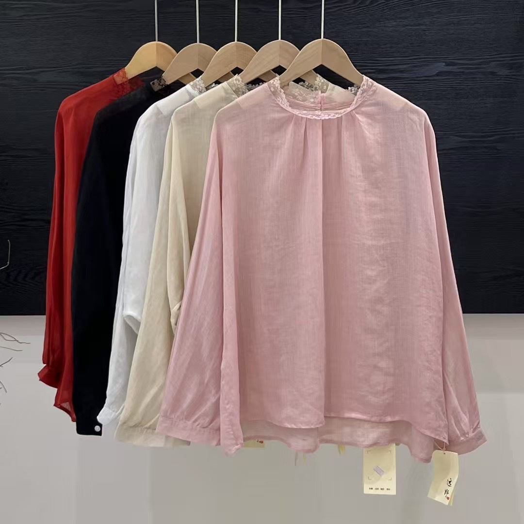Femme Elegante Gennemsigtig Langærmet Bluse med Spidsapplikationer Stilla