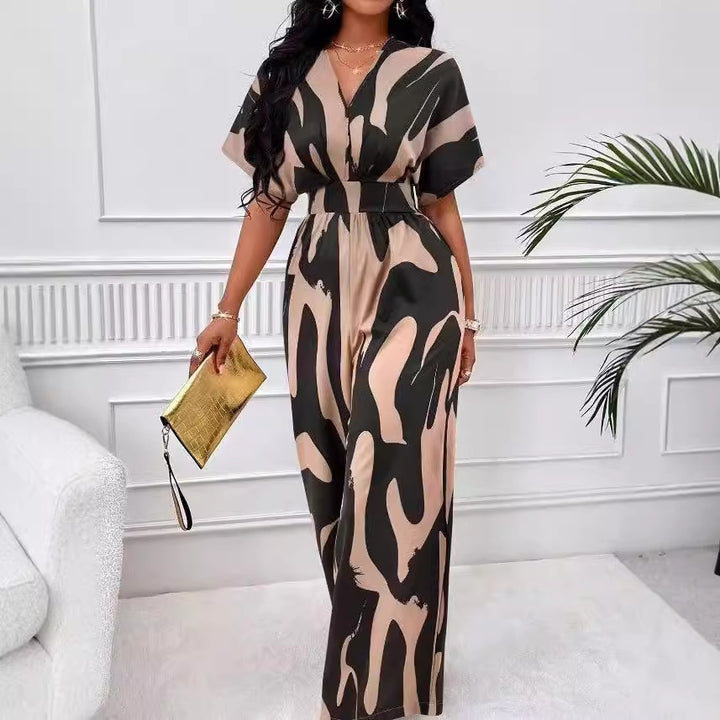 Dame Elegant Jumpsuit med stort mønster og V-udskæring Skovae