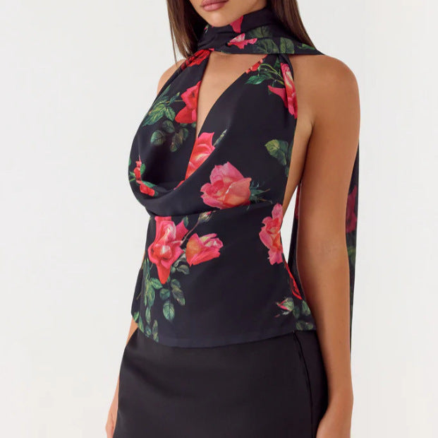 Damer Elegant chiffon-top med blomsterkrave og dyb udskæring Skovae