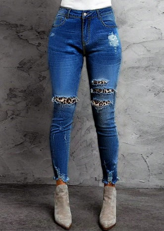 Dame Skinny Jeans med leopardmønster og fashion rifts detaljer Stilla