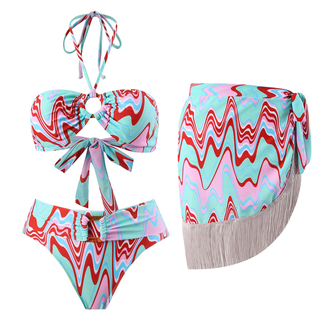 Dame Bikini-sæt med trendy indpakningsnederdel og fascinerende mønster Skovae