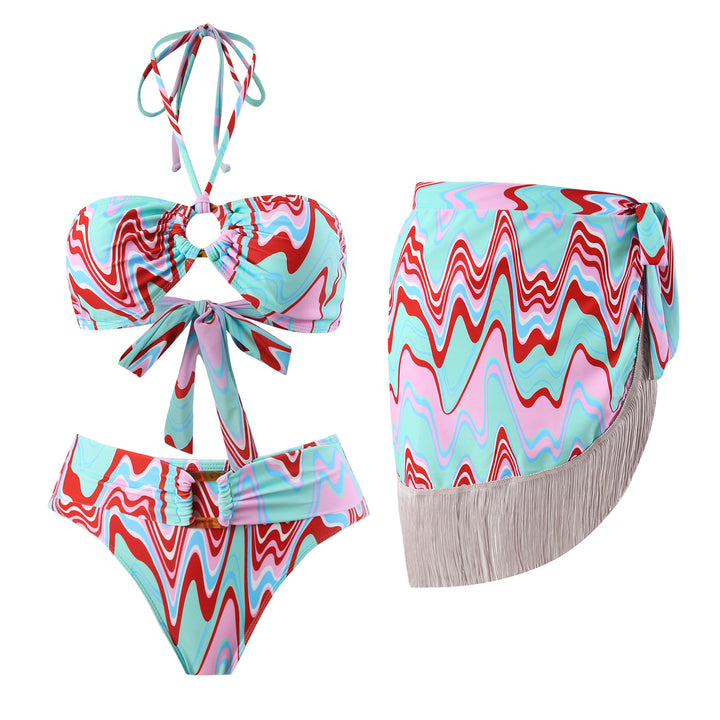 Dame Bikini-sæt med trendy indpakningsnederdel og fascinerende mønster Skovae