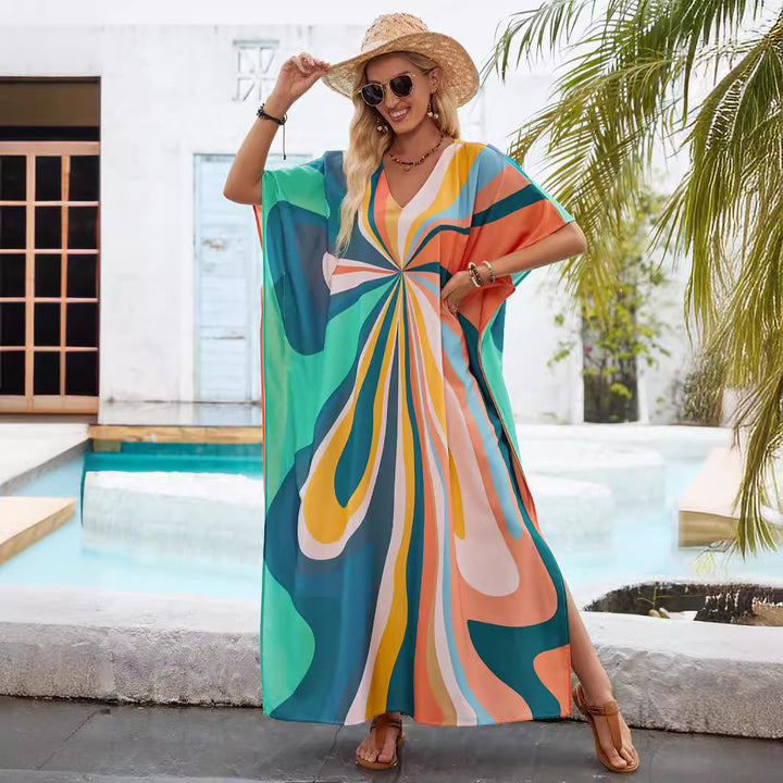 Dame kaftan-kjole med farverigt spiral-design og V-udskæring Stilla