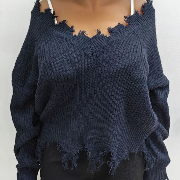 Dame afslappet V-udskæring sweater med frynset detalje Stilla