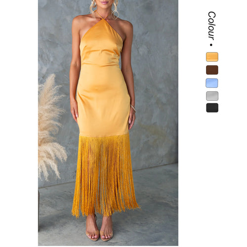 Kvinders Langærmet Frynse Maxi Kjole med Bag Cutout og Elegant Fit Skovae
