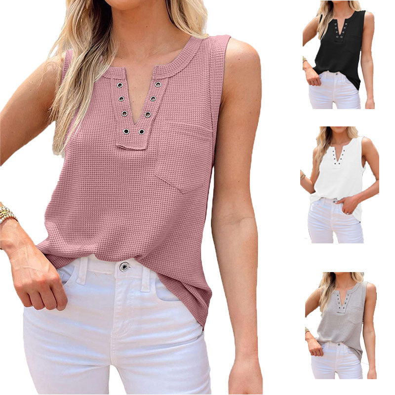 Dame Fritids Vaffelstrik Knap-Ned Tanktop Stilla