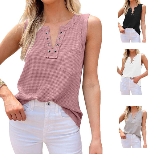 Dame Fritids Vaffelstrik Knap-Ned Tanktop Stilla