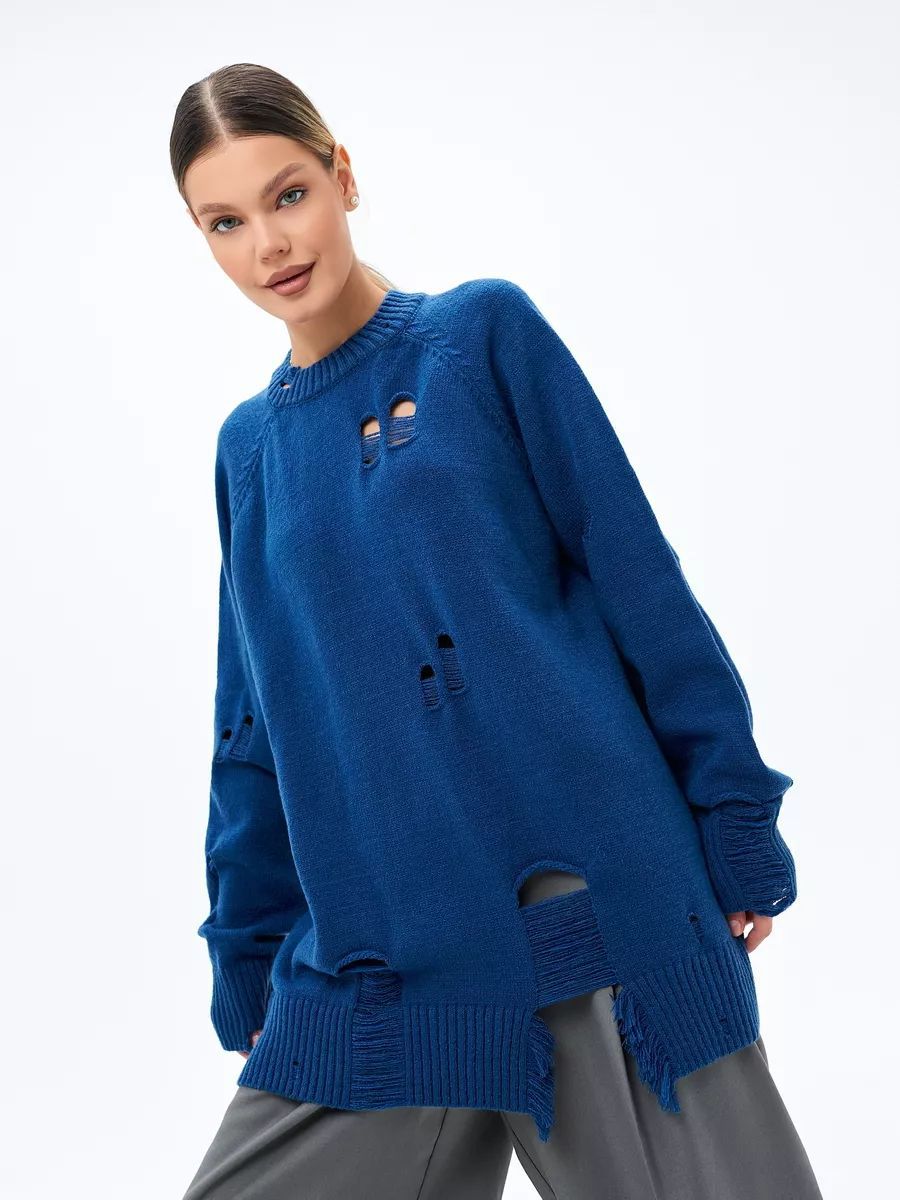 Dame Oversized Strikbluse med Frynser og Hul-Design Stilla