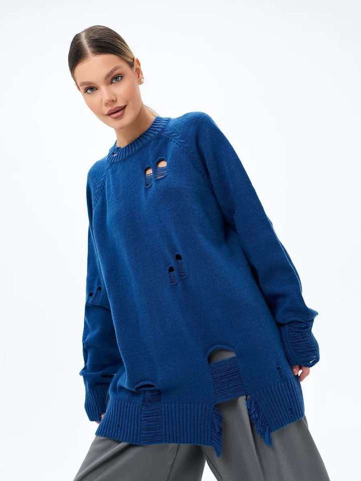 Dame Oversized Strikbluse med Frynser og Hul-Design Stilla