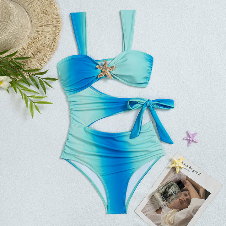 Damer Højskåret Bikini med Rynker og dekorativ Muslinganhænger Skovae