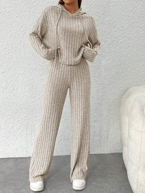 Dame Blødt Strik-Loungewear-Sæt med bredt bånd og ribbet design Stilla