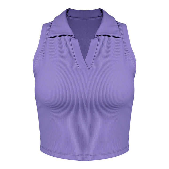 Dame sporty ærmeløs crop-top med elegant krave og innovativ tekstur Stilla