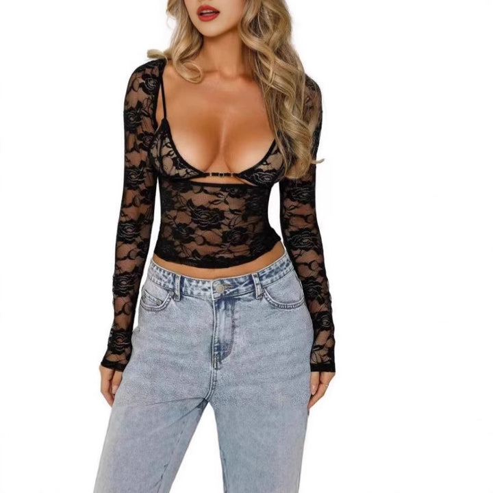 Dame Gennemsigtig Bluse i Blonde med dyb V-udskæring og Cut-Out-detaljer Skovae