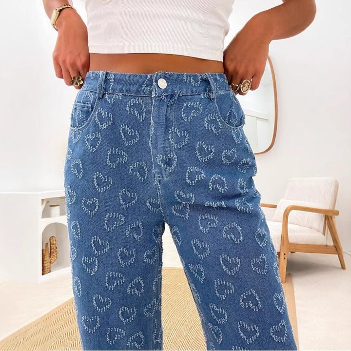 Dame brede jeans i legende hjerte-design Stilla